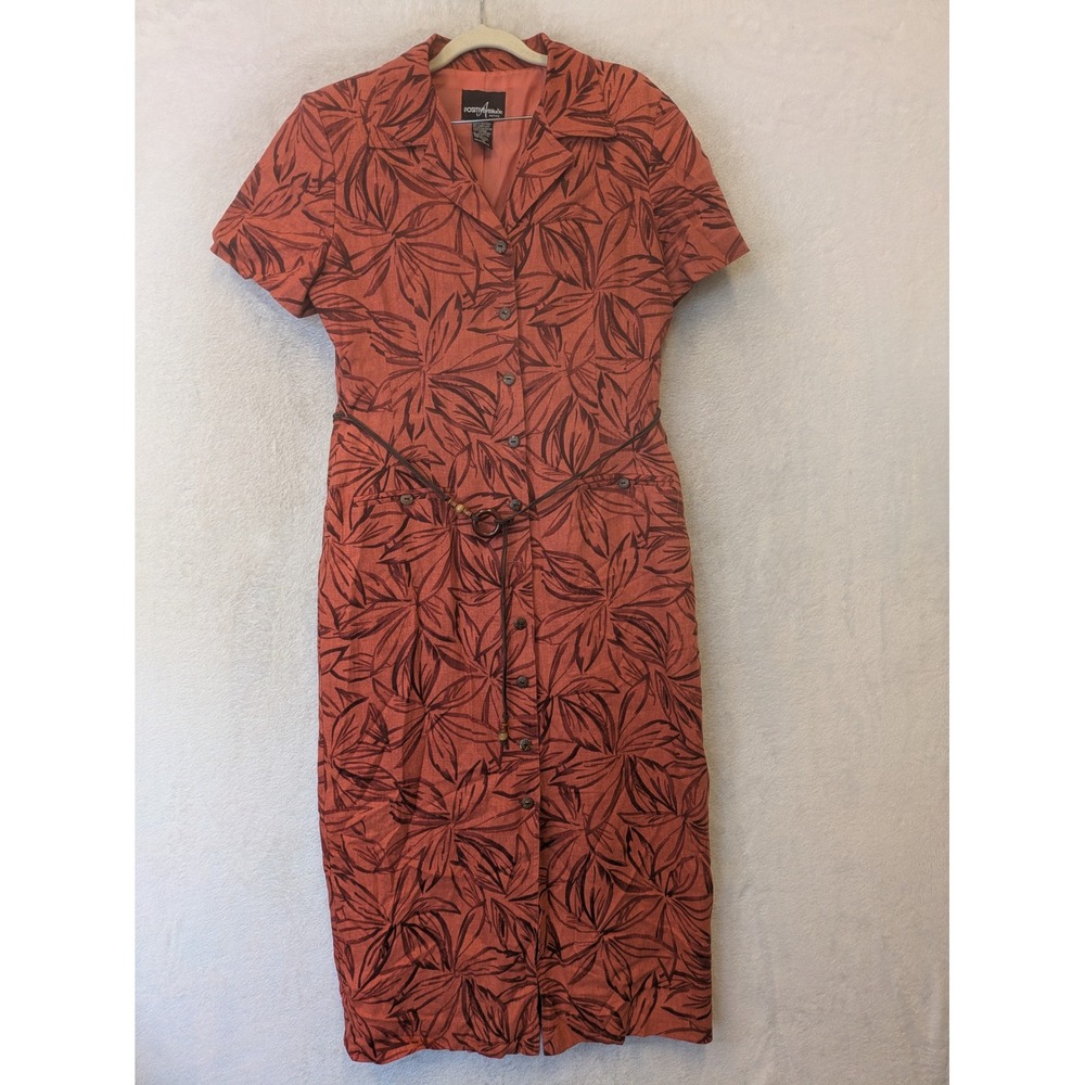 Positive Attitude Shirt Dress Women's 12P Rust Orange‎ Linen Blend Tropical Leaf